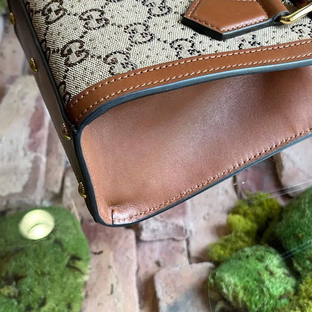 GUCCI Diane Small Brown GG Crystal Bamboo Top Handle